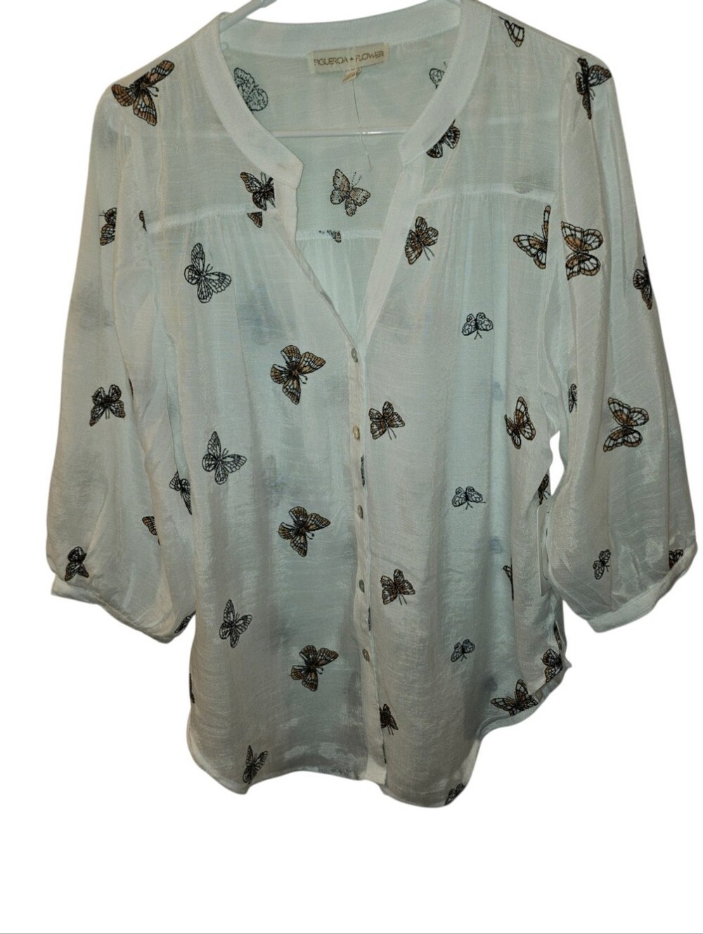 Figueroa + Flower NWT Butterfly Embroidered Split V-Neck Blouse White M